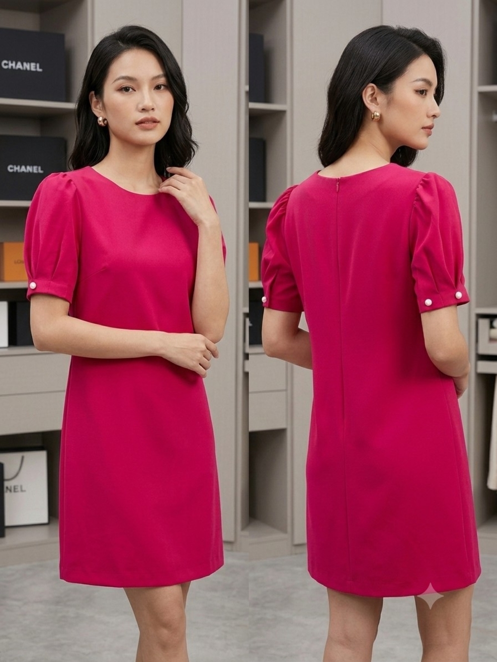 Classic Puff-Sleeve Shift Dress in Fuchsia